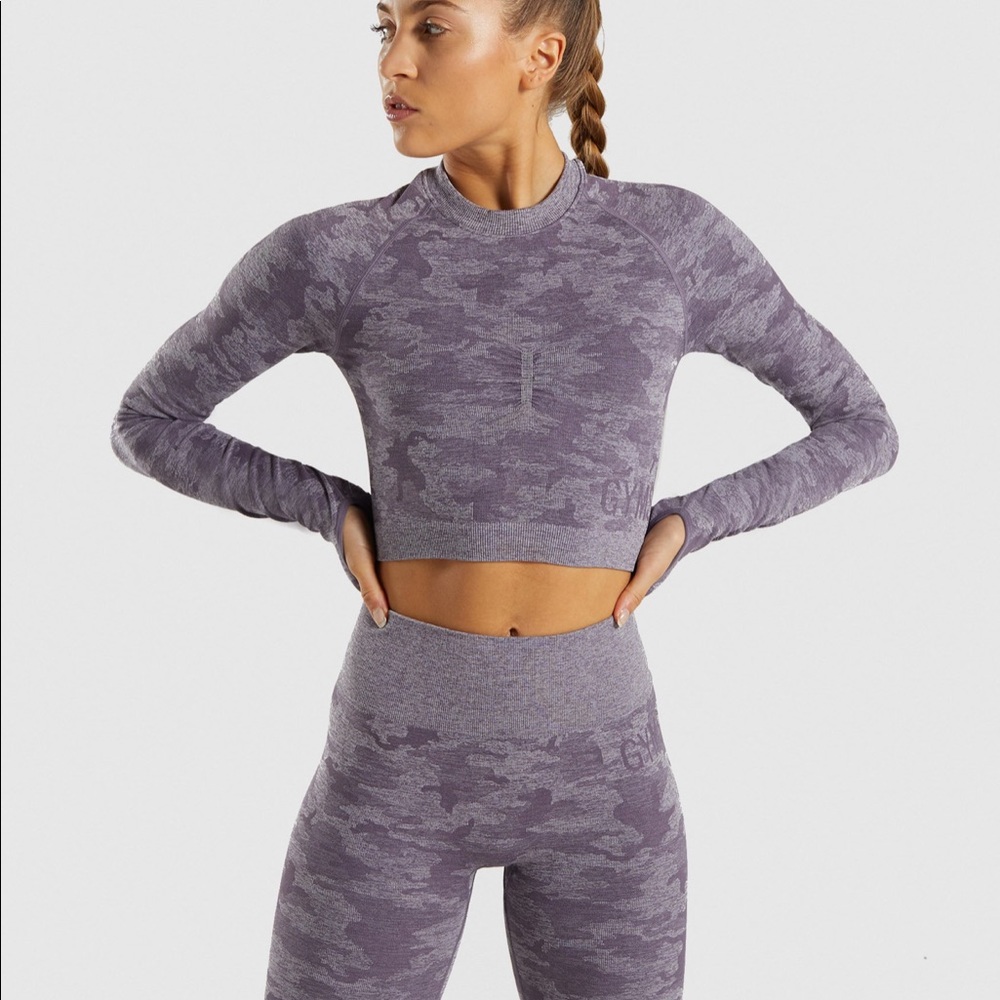 Gymshark CAMO SEAMLESS LONG SLEEVE CROP TOP